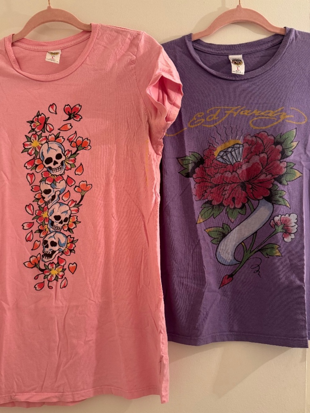 Two Ed Hardy t-shirts. Pink and Purple. Size L.